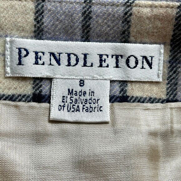 Pendleton Vintage Wool White, Tan, Blue Plaid Fringe Skirt Size M Vintage 8 - Picture 2 of 11